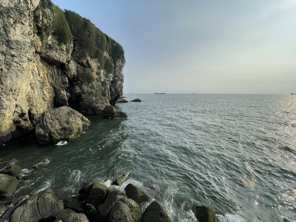 Serene ocean with rugged rocks and lush cliffside under soft sky gentle waves on shore wallpaper