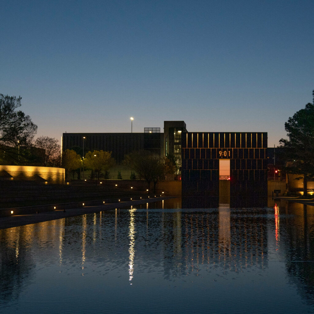 Tranquil Evening at Oklahoma City Memorial: Reflecting Pool & 9:01 Gate Wallpaper
