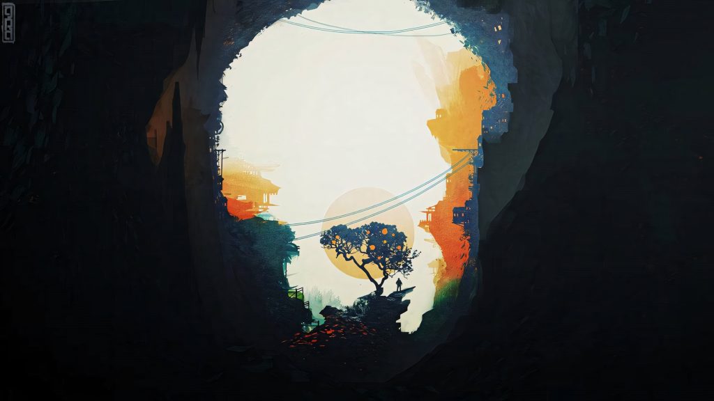 Orange tree silhouette at glowing sunset inside dark cave fantasy landscape wallpaper background