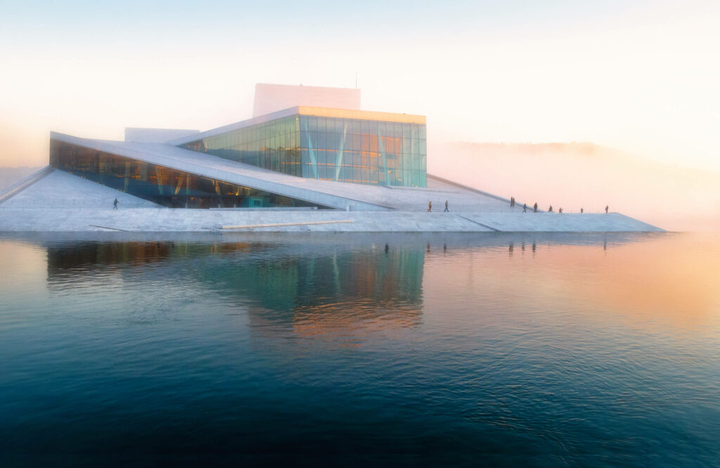 Tranquil Sunset over Oslo Opera House - Serene Wallpaper Background