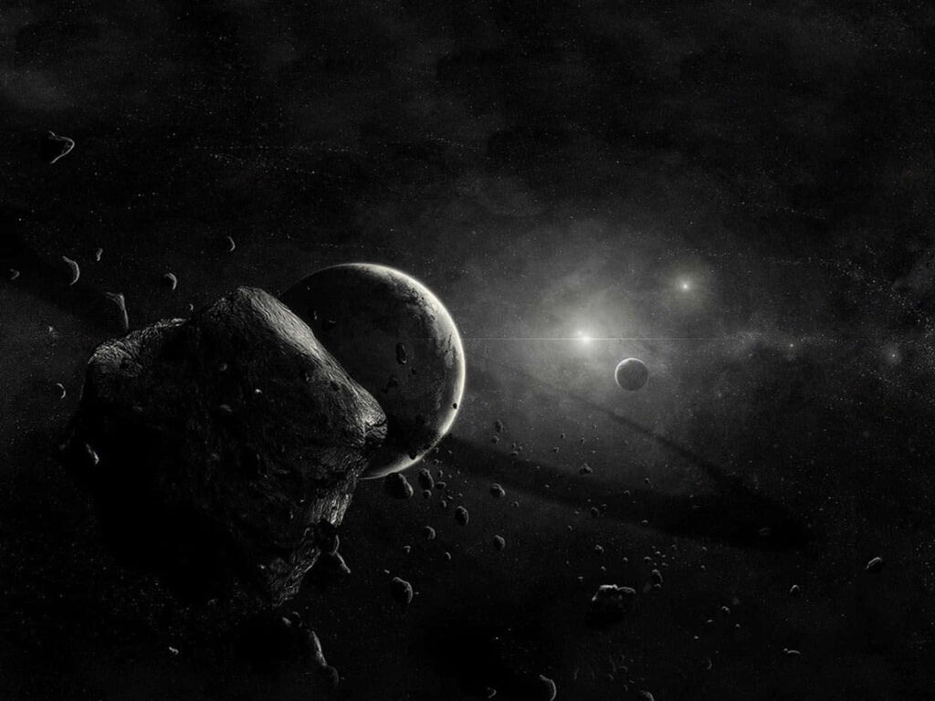 Stunning outer space wallpaper with a glowing planet, asteroids, and serene starlight.