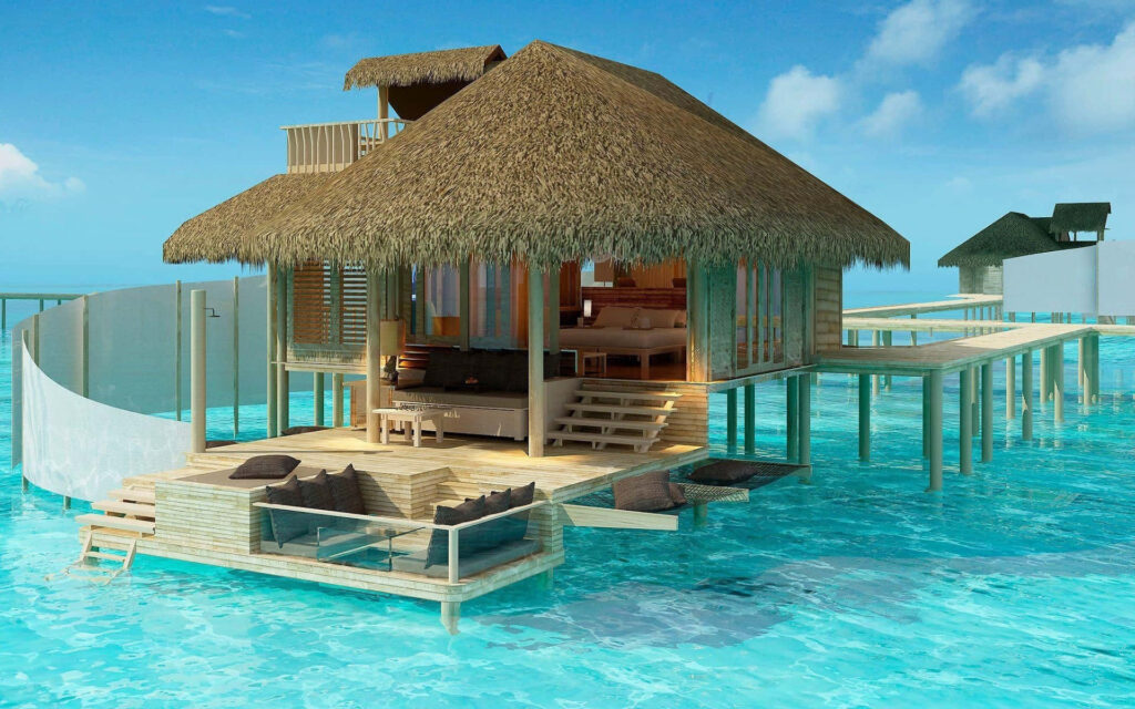 Tranquil Overwater Villa Wallpaper: Rustic Luxury on Turquoise Waters
