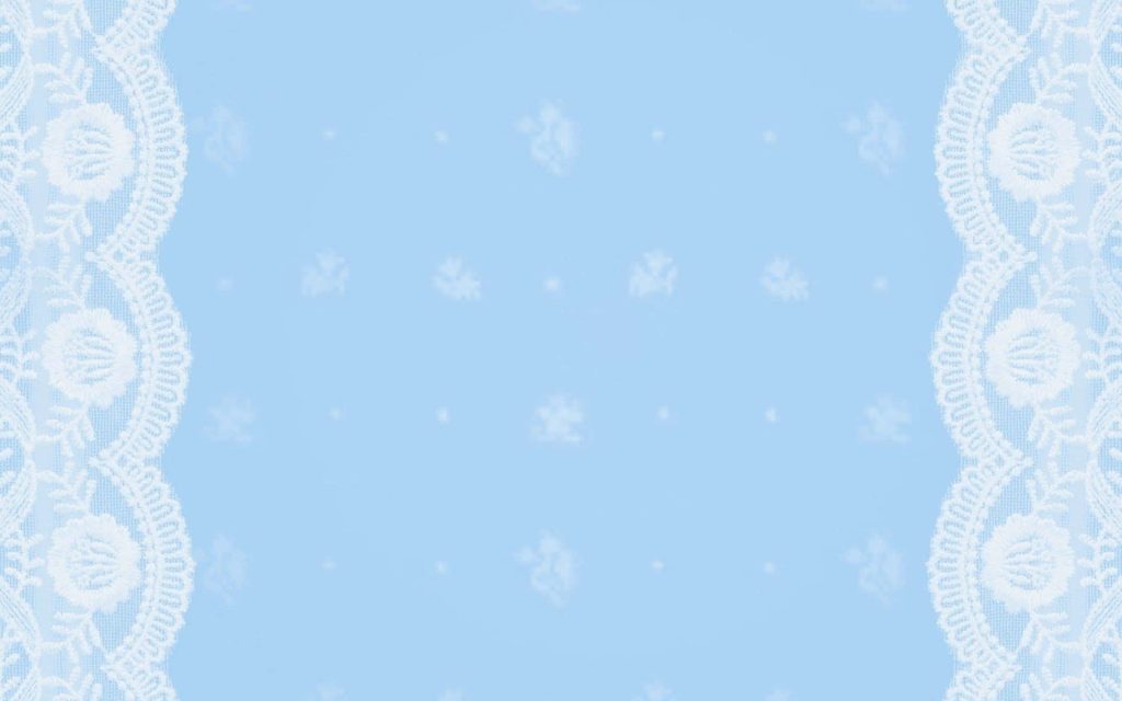 Pastel blue wallpaper with delicate white lace borders and subtle floral patterns background