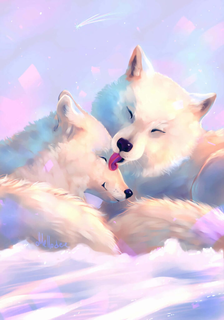 Whimsical Pastel Wallpaper: Two Wolves in a Dreamy Winter Scene