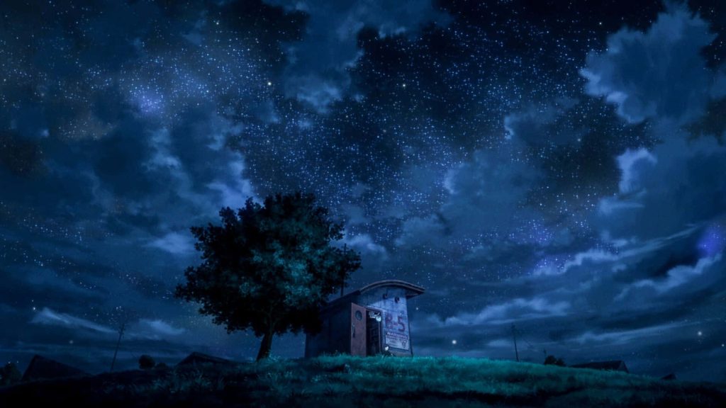 Patema Inverted anime wallpaper with lone tree shed B5 starry night sky blue nostalgic background