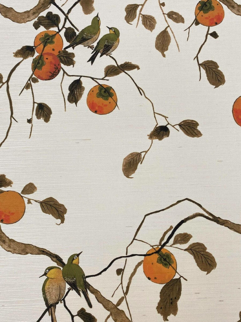 Charming Persimmon Tree Wallpaper: Ripe Fruits & Green Birds