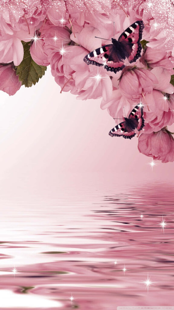 Dreamy Pink Flower Wallpaper: Tranquil River & Butterflies
