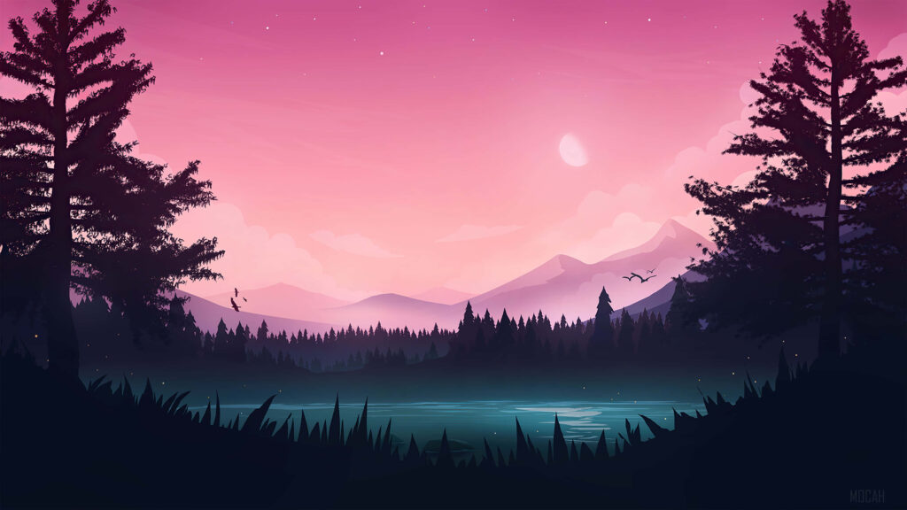 Tranquil Pink Landscape Wallpaper with Silhouetted Trees and Moon