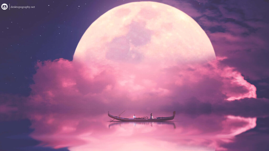 Serene Pink Moon Wallpaper: Calm Boat on Reflective Waters