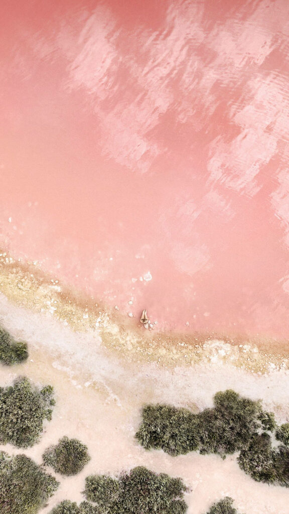 Tranquil Aerial View: Pink Sandy Beach & Rose-Tinted Water Wallpaper