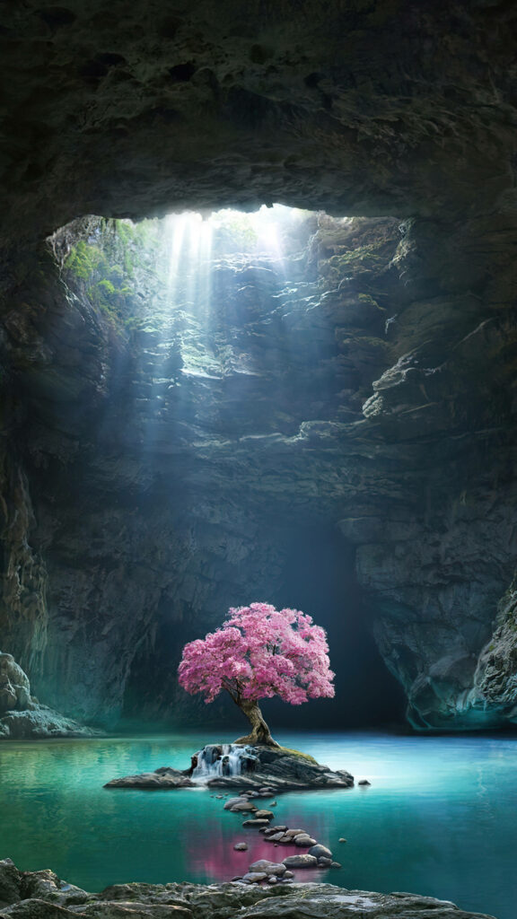 Serene Pink Tree in Underground Cave - Tranquil Nature Wallpaper