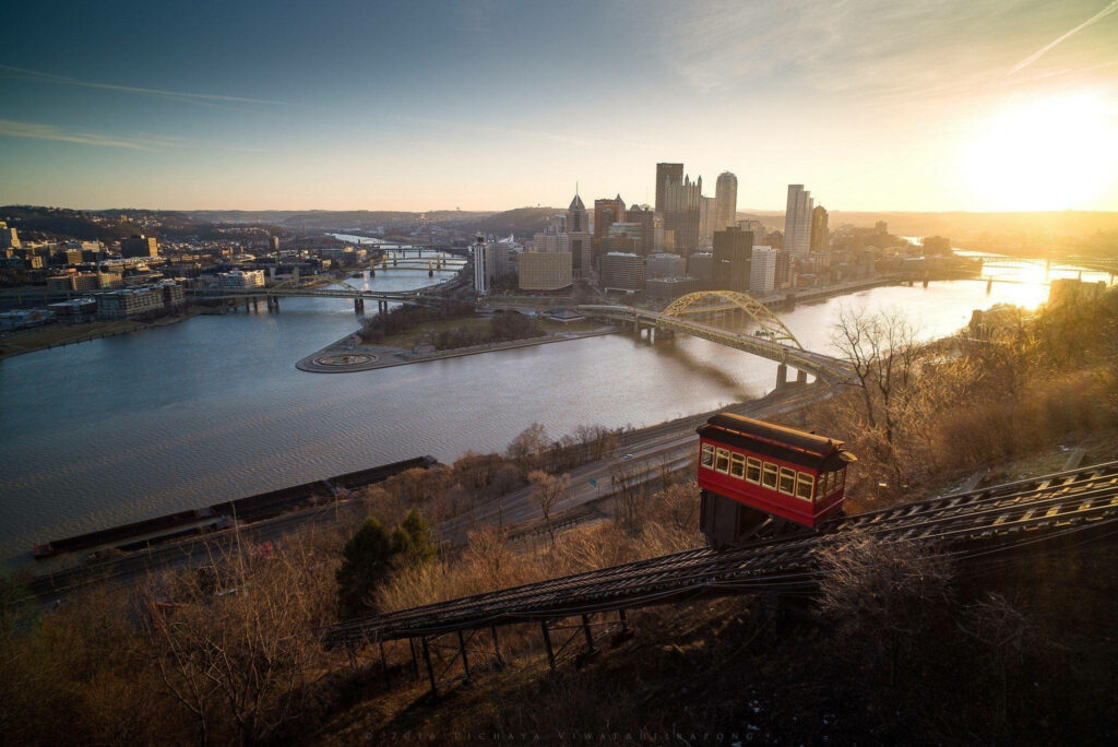Pittsburgh Sunset Skyline Wallpaper: Rivers, Bridges & Incline Tram