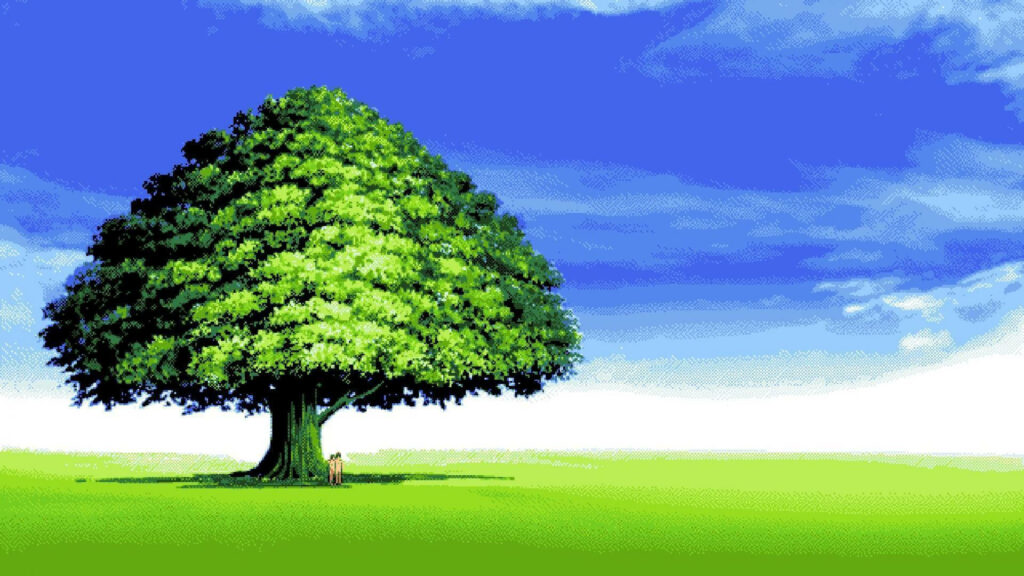 Serene Pixel Art Landscape: Tranquil Tree Aesthetics Amidst Vast Green Field Wallpaper