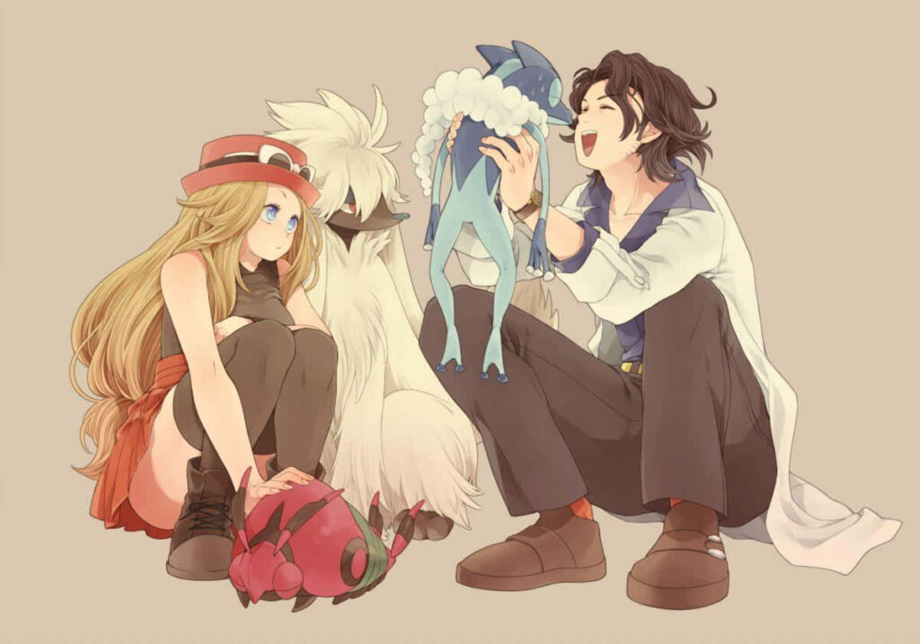 Serene Pokémon Trainer Scene with Furfrou & Friends - Warm Background Wallpaper