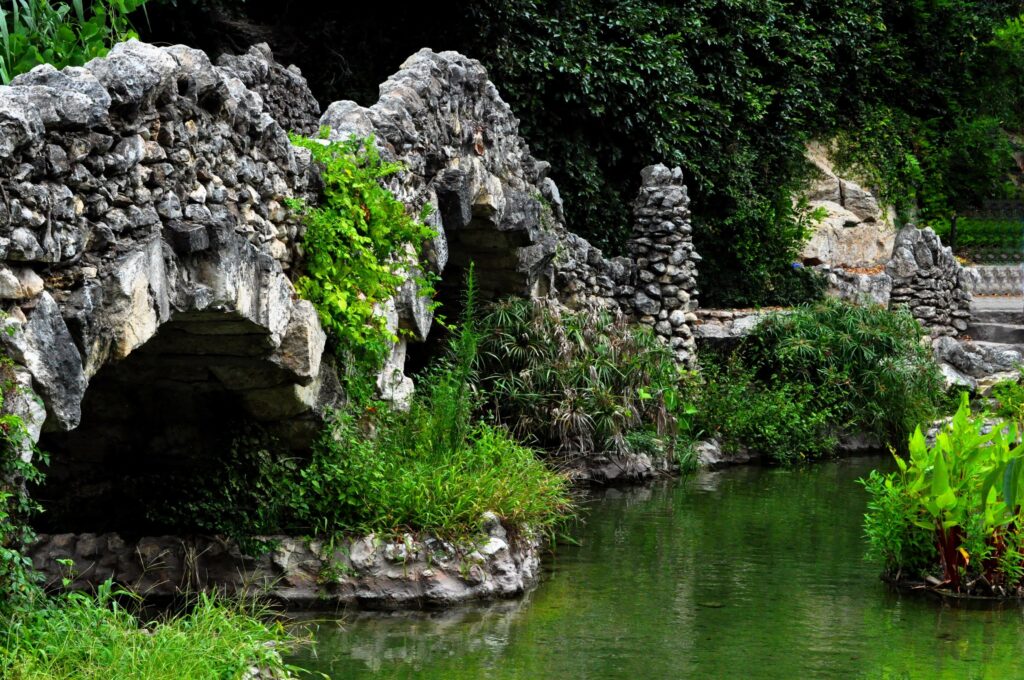 Tranquil pond with lush green plants and rustic stone bridge reflecting in clear water wallpaper