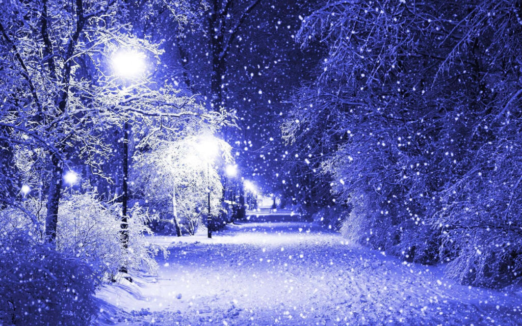 Serene Purple Night Scene Wallpaper: Snowfall & Soft Streetlight Glow