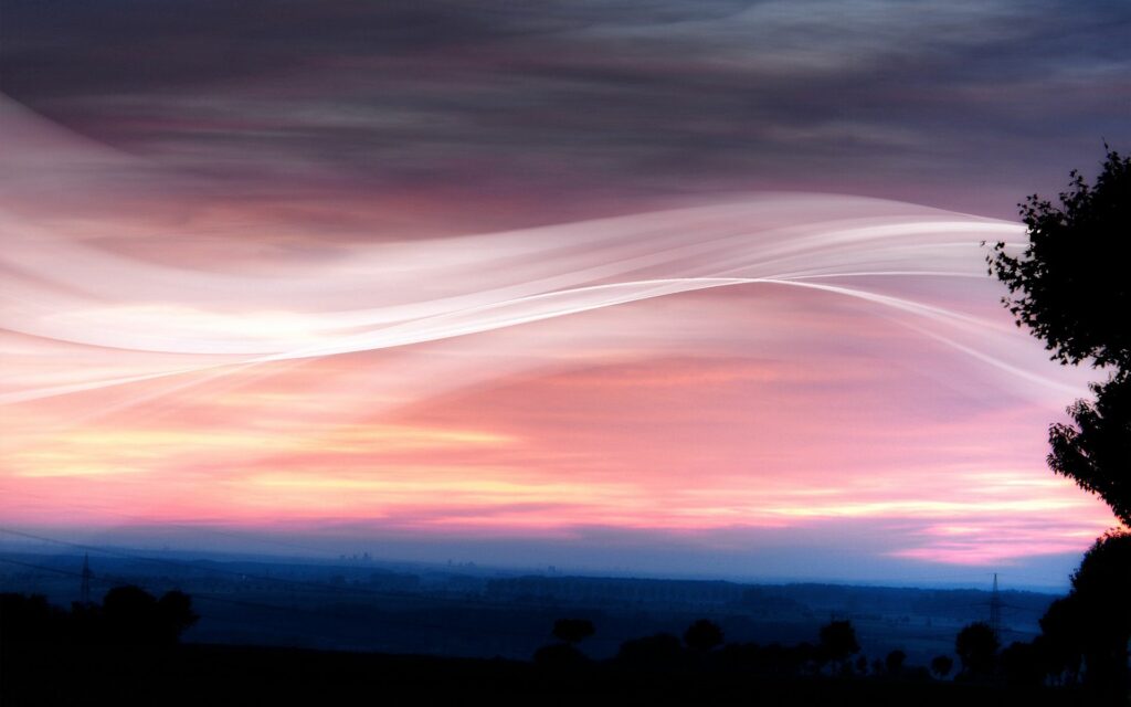 Serene dusk sky wallpaper with purple pink hues abstract white lines and silhouetted trees background