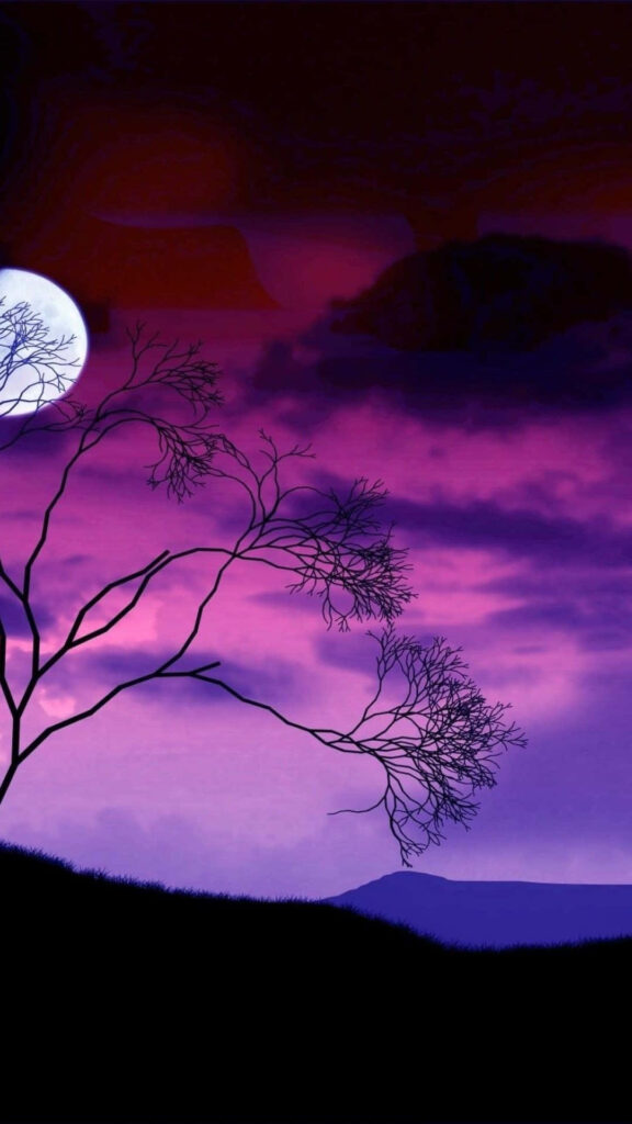 Serene Purple Sky Wallpaper: Moonlit Clouds & Tree Silhouette