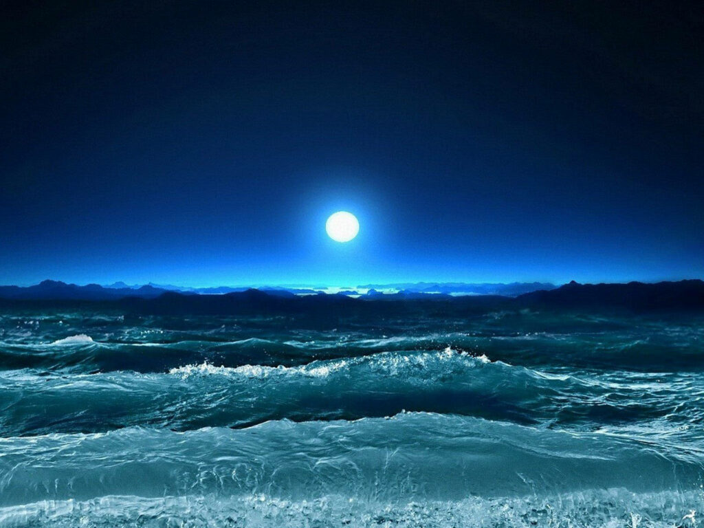 Luminous Full Moon Over Tranquil Ocean - QHD Wallpaper Background