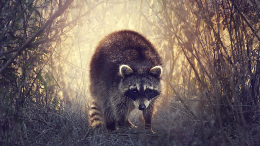 Curious Raccoon in Serene Sunset Woods - Nature's Golden Glow Wallpaper