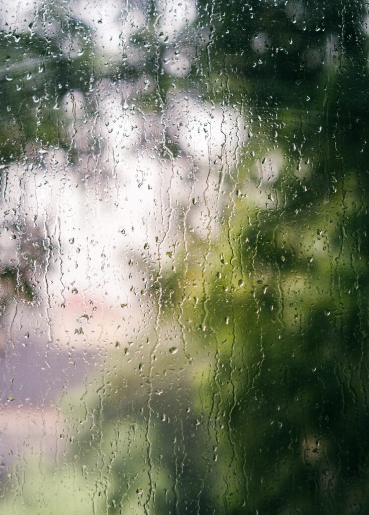 Serene Macro Wallpaper: Raindrops on Glass with Blurred Greenery