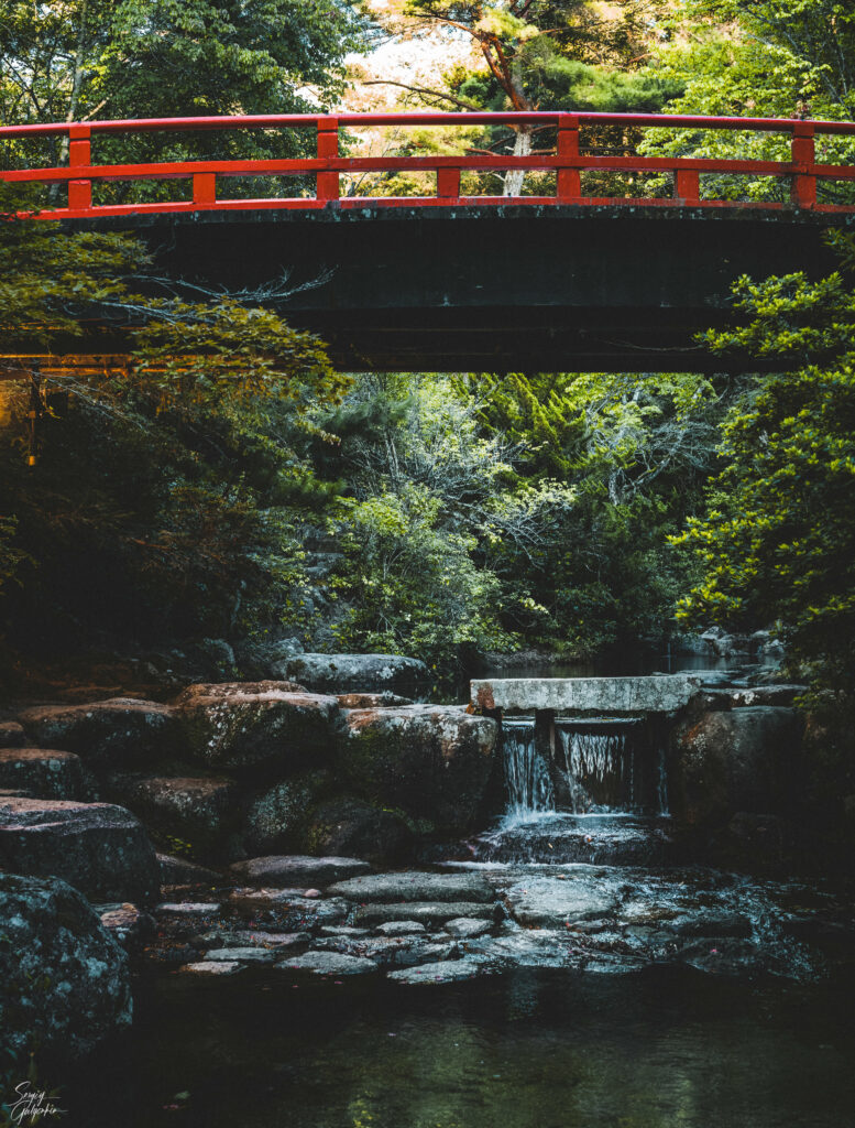 Serene landscape with vibrant red bridge over stream cascading water lush green trees wallpaper