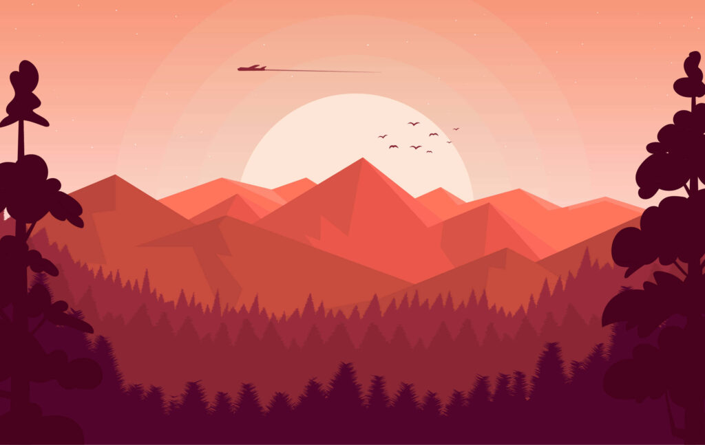 Vibrant Red Mountain Sunset Wallpaper with Soaring Plane & Birds