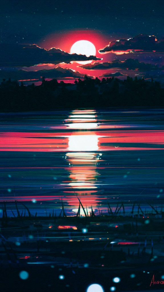 Vibrant red moon glowing over dark calm waters with striking reflection digital wallpaper