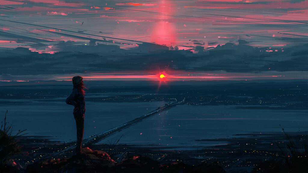 Ethereal Anime Beauty: Sunset and Serenity in an Elevated Rocky Landscape Wallpaper