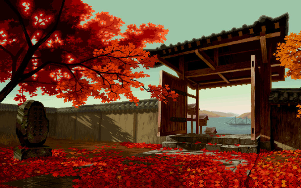 Serene Reflections: Immersive Ancient Temple Encased in Maple Leaves - Google Pixel Desktop Background Wallpaper