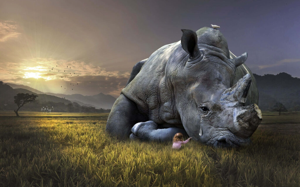 Majestic Rhinoceros Wallpaper: Tranquil Sunlit Field Background