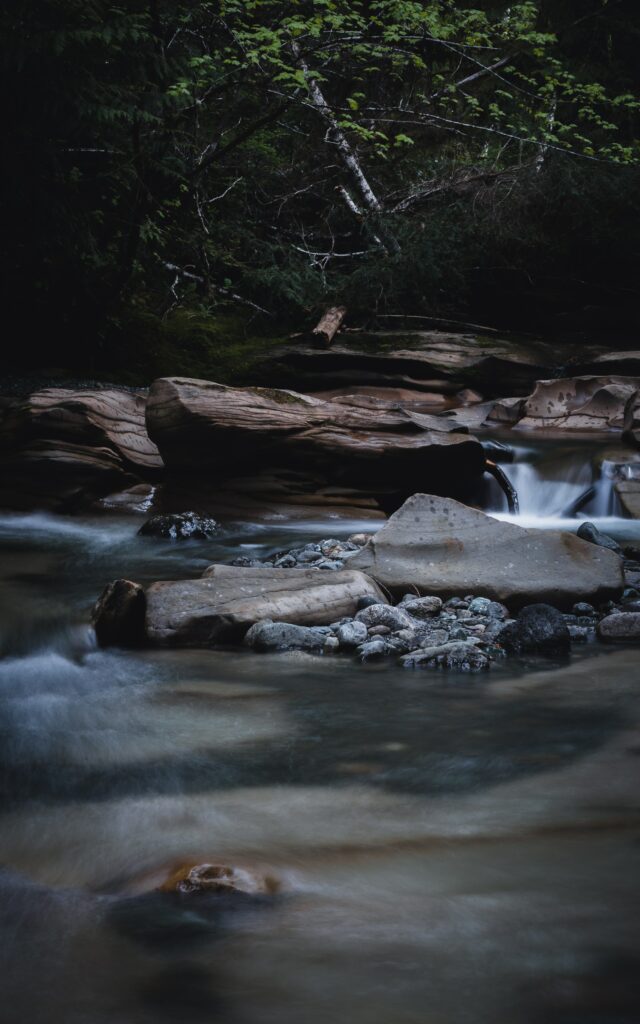 Serene river flowing around natural stones with lush greenery and soft moody lighting wallpaper
