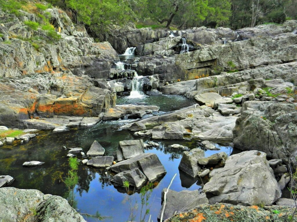 Serene river flowing over rocks with natural pools surrounded by lush green trees and wild landscape Wallpaper