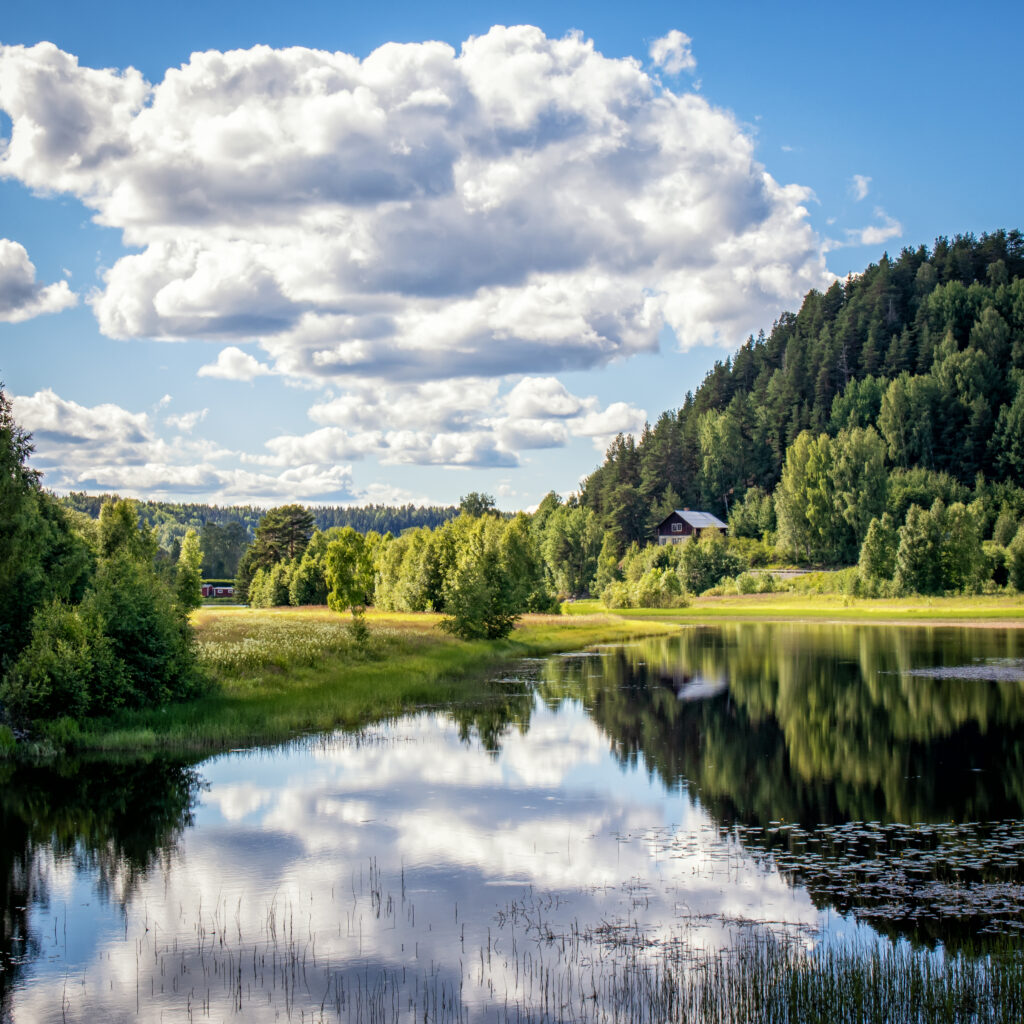 Serene river winding by grassy shore with green trees and blue sky reflecting clouds and house Wallpaper