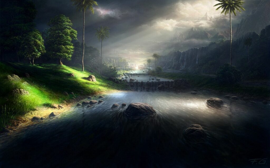 Serene river flowing through lush green palms and mountains with soft sunlight digital art wallpaper