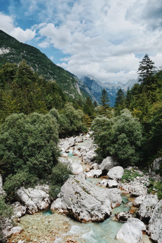 Serene river winding through green forest and rugged mountains under partly cloudy sky wallpaper