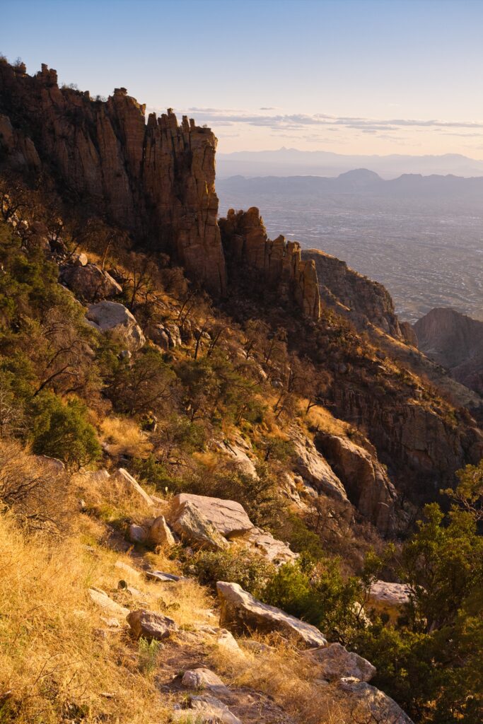 Rugged rocky slope with dry grass and sparse trees under warm sunset glow and distant mountains Wallpaper