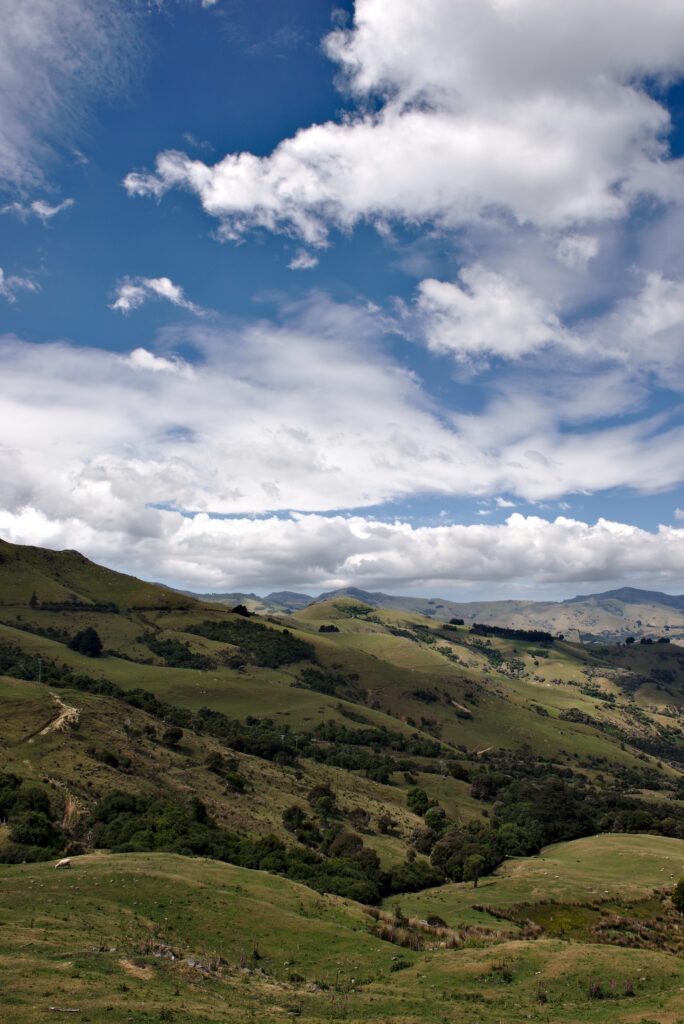 Serene landscape wallpaper with rolling green hills trees and dramatic cloudy sky background