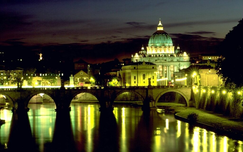 Serene Rome Night Wallpaper: St. Peter's Basilica & Bridge Reflection