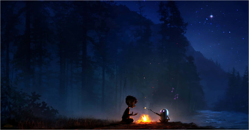 Nighttime Forest Wallpaper: Boy & Robot by Campfire Under Stars