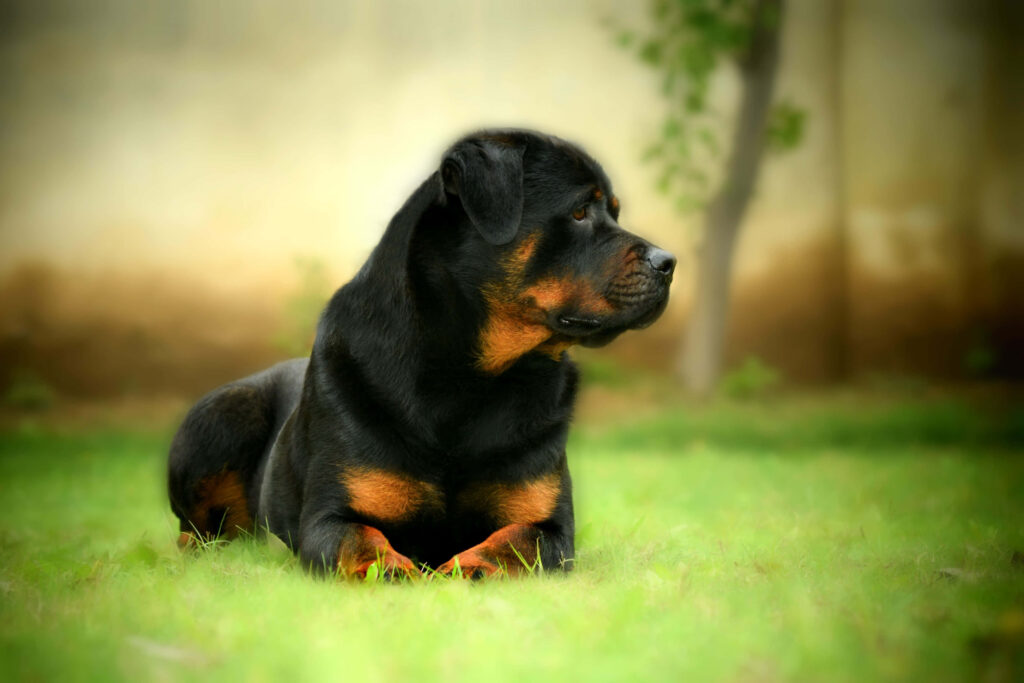 Rottweiler Relaxing on Grass: Strength and Serenity in Nature Wallpaper
