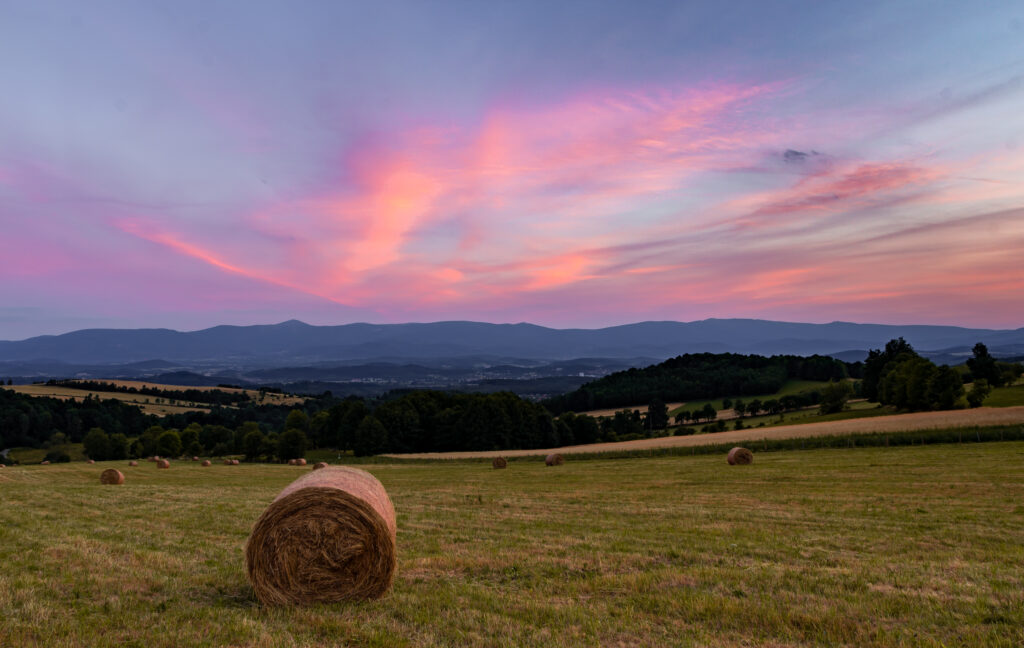 Serene rural field with haystacks lush trees rolling hills and pastel sunset sky wallpaper background