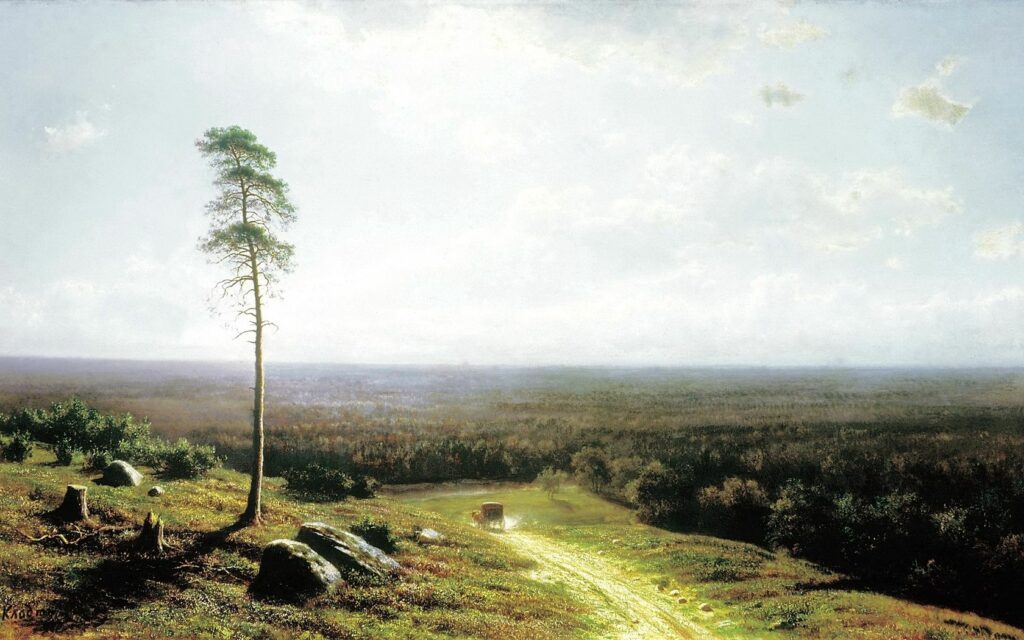 Serene landscape painting of tall tree by dirt road with vehicle in golden fields and forest background Wallpaper
