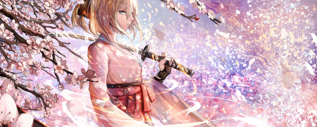 Enchanting Saber Dual-Monitor Wallpaper | Fate/Grand Order Cherry Blossoms