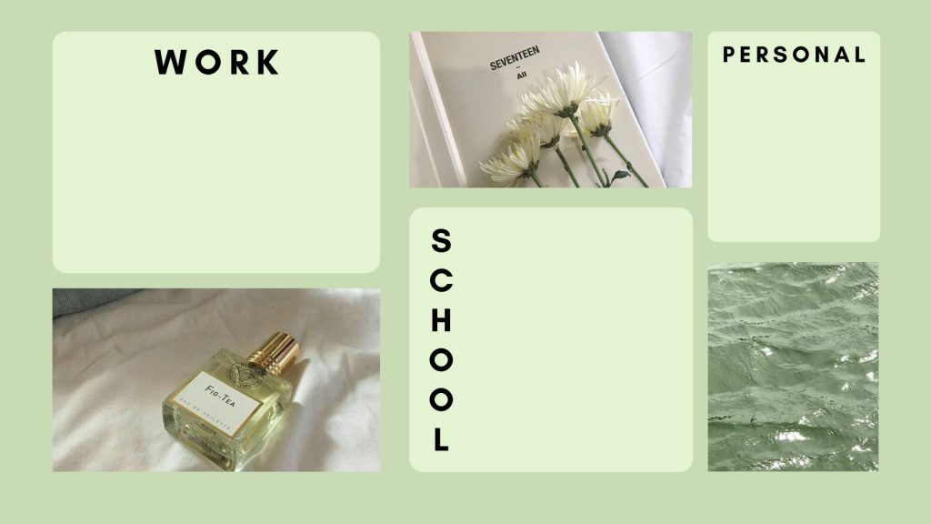Sage green notepad wallpaper with Work School Personal sections perfume album and water textures