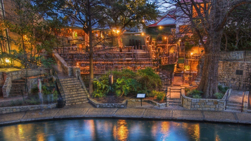 San Antonio Stairs Evening View: Serene Riverside Wallpaper