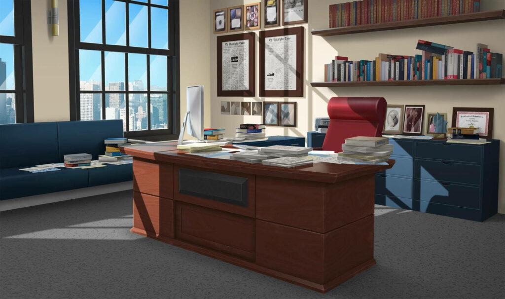 An Organized Oasis: A Principal's Zoom Sanctuary Complete with Books and Papers Wallpaper