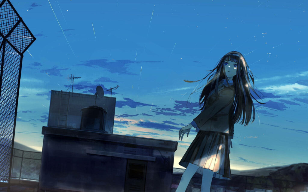Twilight Serenity: Schoolgirl on Rooftop Wallpaper Background