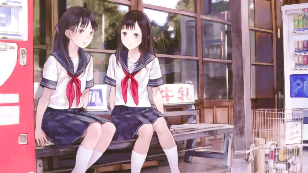Serene Schoolgirls in Uniforms: Nostalgic Wallpaper Background