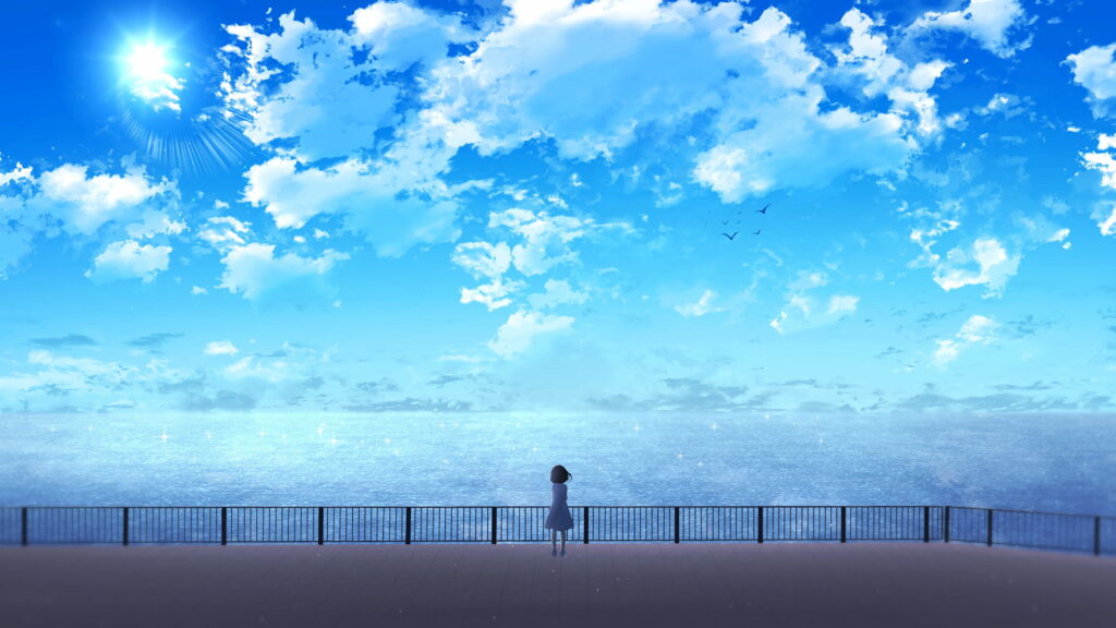 Serene Anime Girl by Railing: Vibrant HD Seascape Wallpaper